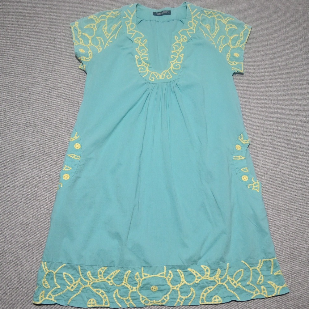 THEME Shift Dress Womens Embroidered Boho Pockets Mini S Turquoise Yellow